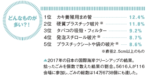 どんなものが多いか？１位カキ養殖用まめ管12.4%、２位硬質プラスチック破片11.8%、、解説写真