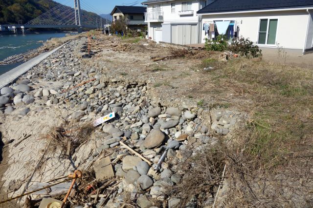 新幹線橋梁が見え、住宅が並ぶ川岸付近の写真、