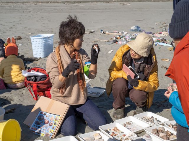 参加に貝の説明をする志村