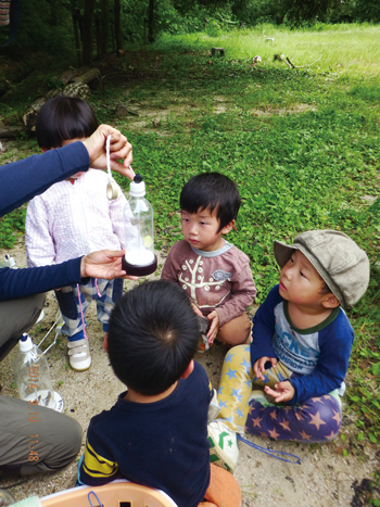 昆虫観察ボトルの中を覗く子供の写真