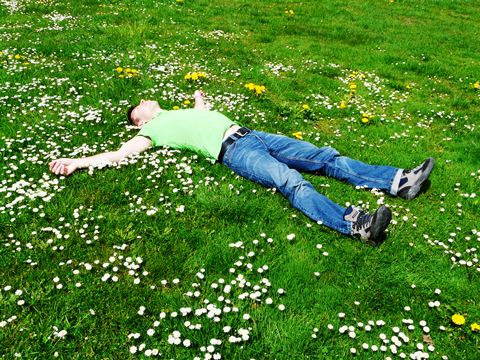 男の人が草原で仰向けに寝ている写真
