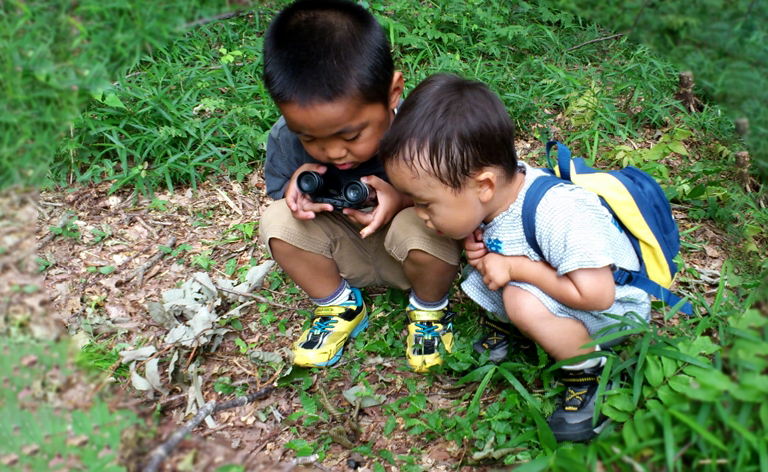 地面を覗き込んで観察する子どもの写真