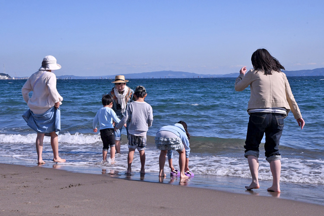 海辺で遊ぶ親子の写真