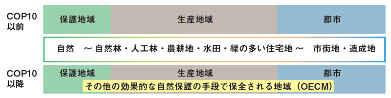 COP10以前と以後のOECMで保全される地域を比較した図