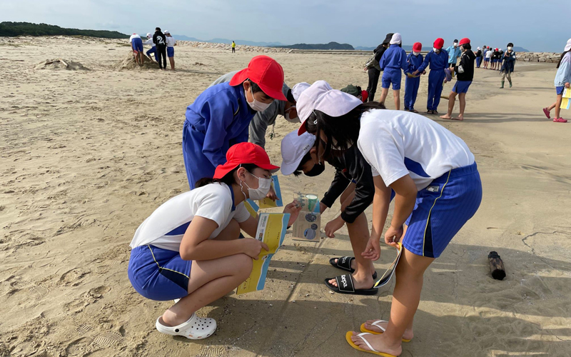 砂浜ムーブメント活動中の古賀西小学校の生徒の写真