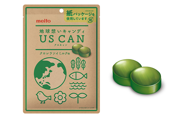 USCAN商品パッケージと緑色の飴玉の写真
