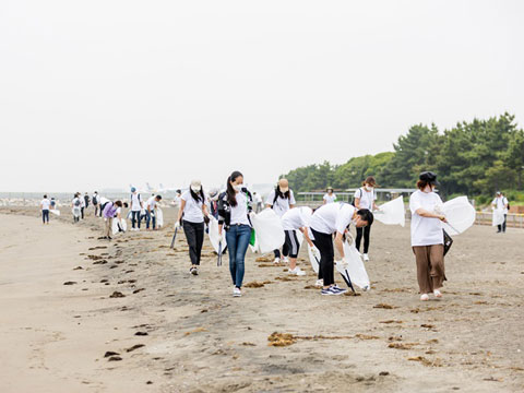 海岸のゴミを回収している参加者の画像