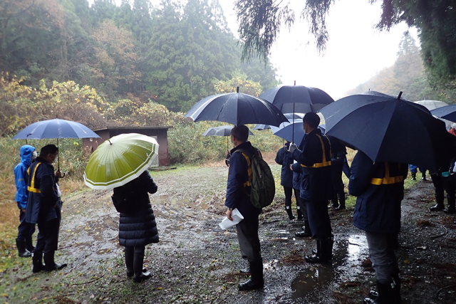 雨の中、現地視察する様子の写真