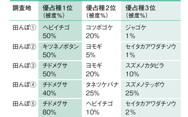 田んぼ別植生占有率トップ３