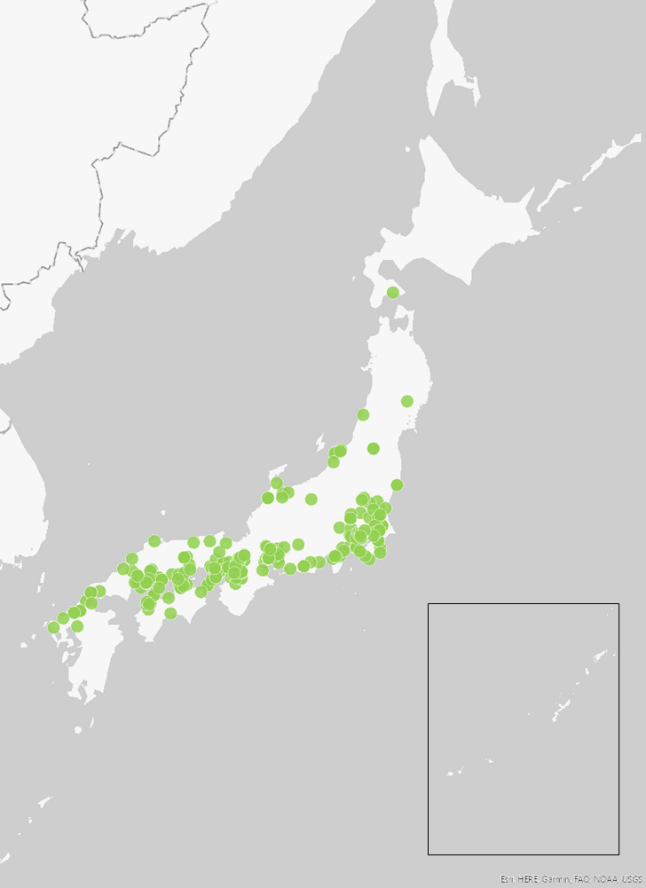 クサガメの確認地点を示した日本地図