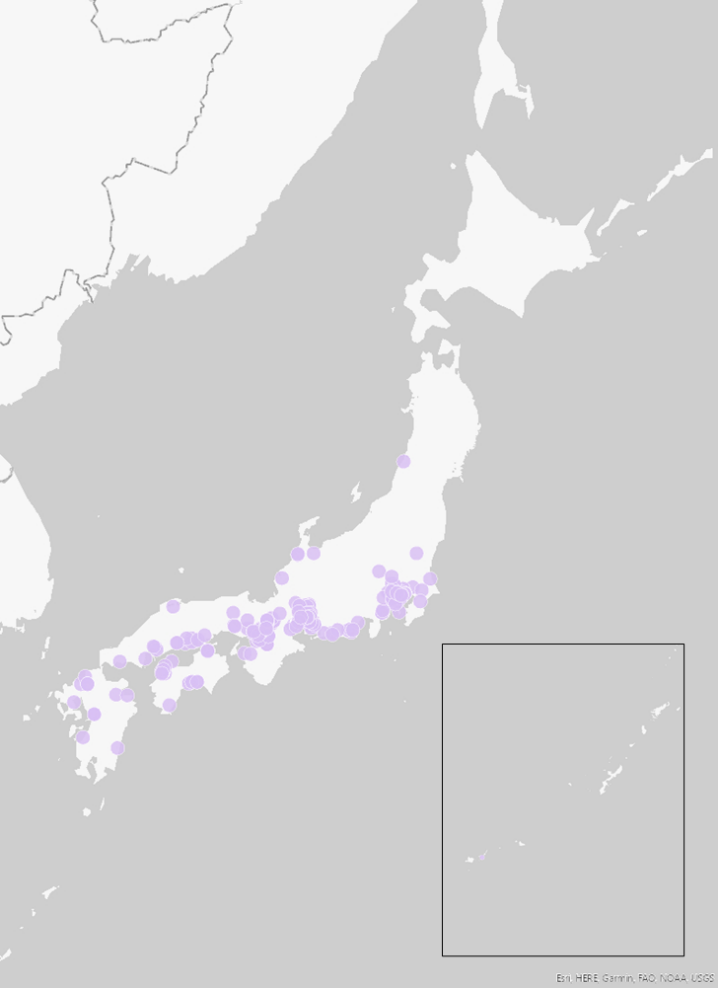 スッポンの確認地点を示した日本地図