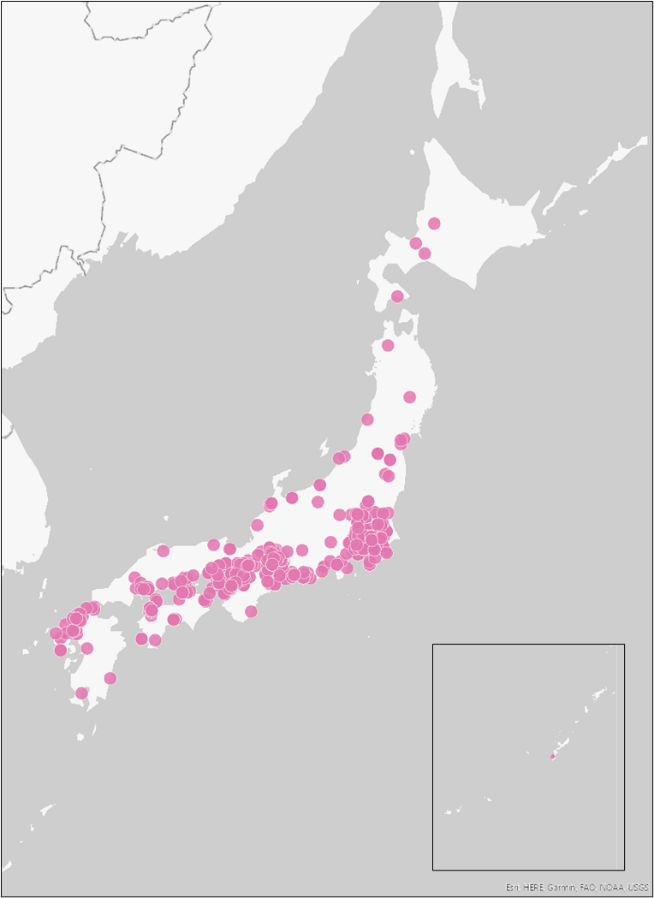 ミシシッピアカミミガメの確認地点を示した日本地図