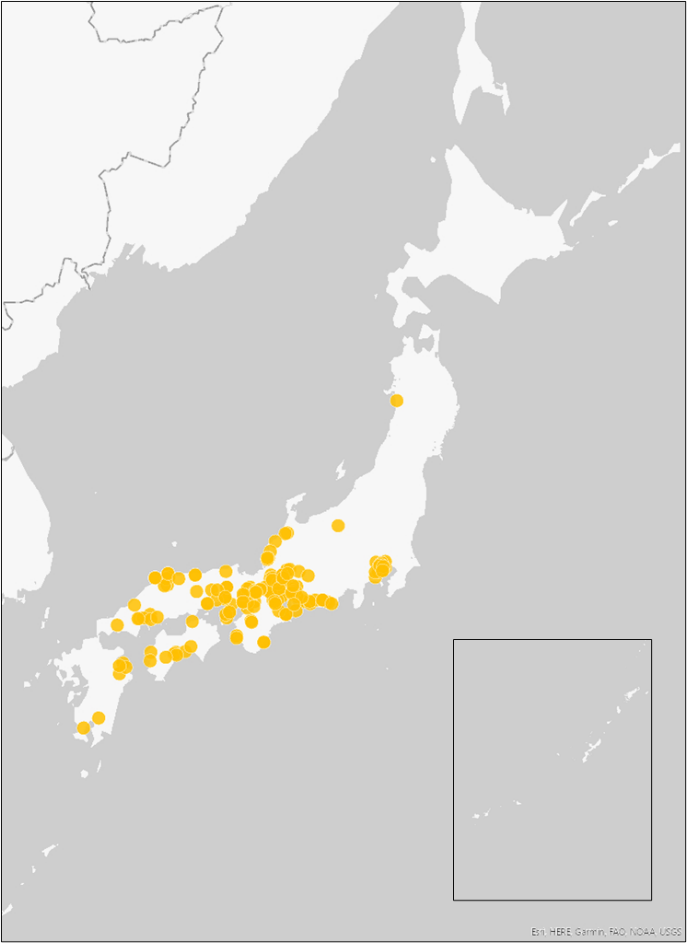 ニホンイシガメの確認地点を示した日本地図