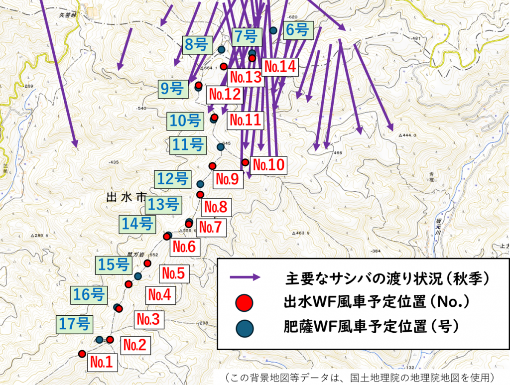 サシバのルートと予定地を示した地図