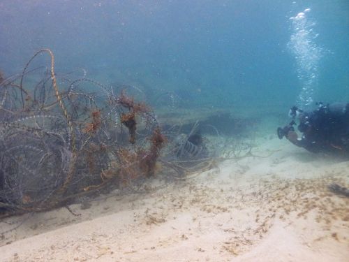 有刺鉄線を撮影する牧志治さん(写真)