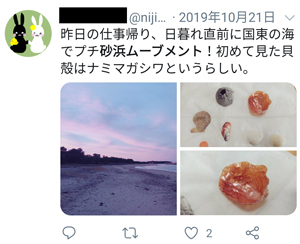 昨日の仕事帰り、日暮れ直前に国東の海で砂浜ムーブメント！初めて見た貝殻はナミマガシワというらしい。ツイート画面