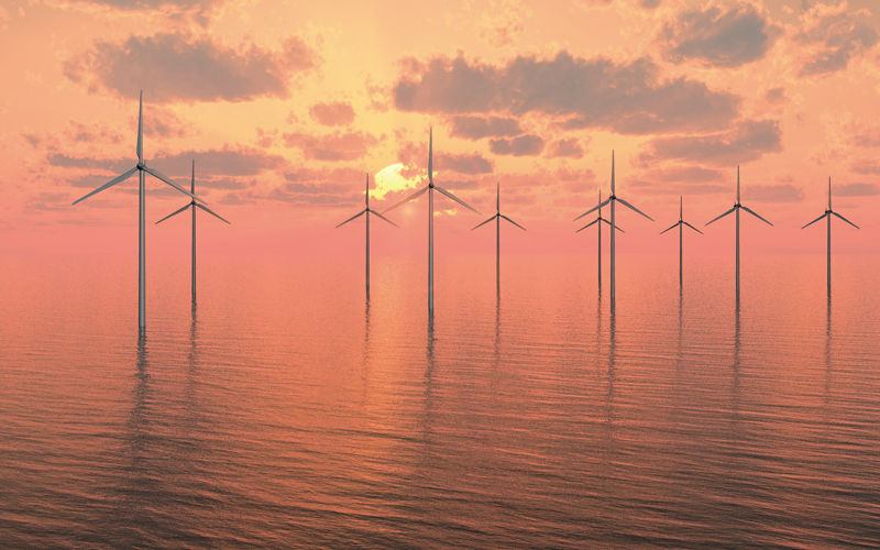 夕暮れの洋上風力発電の写真