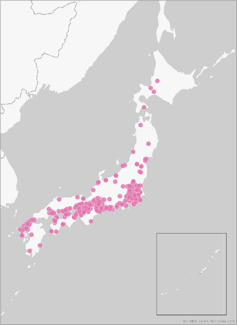 確認地点に印を付けた日本地図