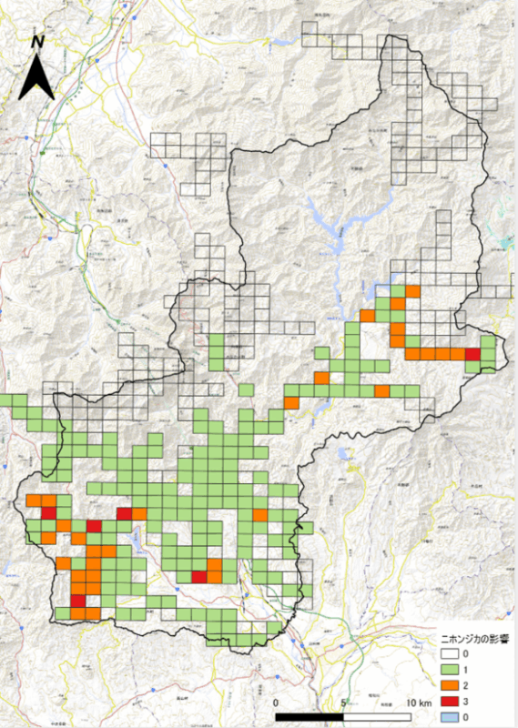 地図上にニホンジカの影響度を色分けした画像