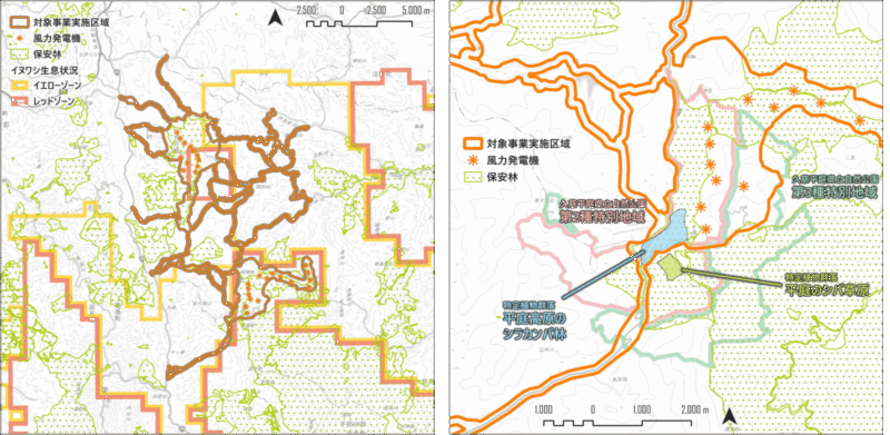 自然公園区域内の風力発電機の設置予定地を示した地図