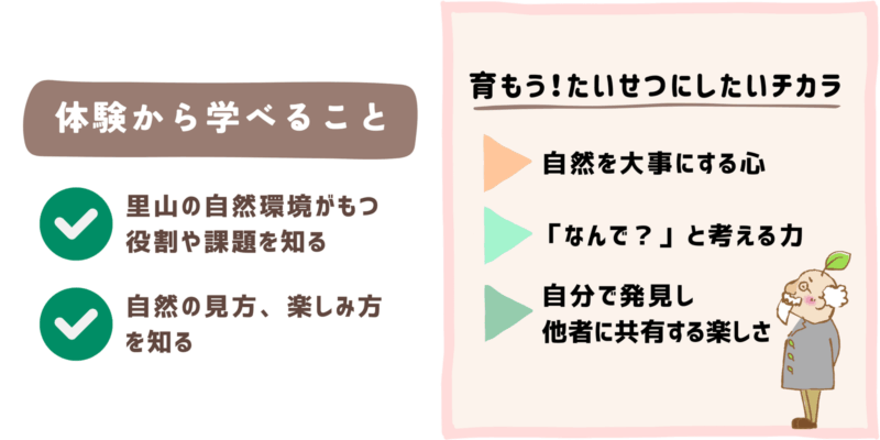 体験から学べること　里山の自然環境がもつ役割や課題を知る　自然の見方、楽しみ方を知る