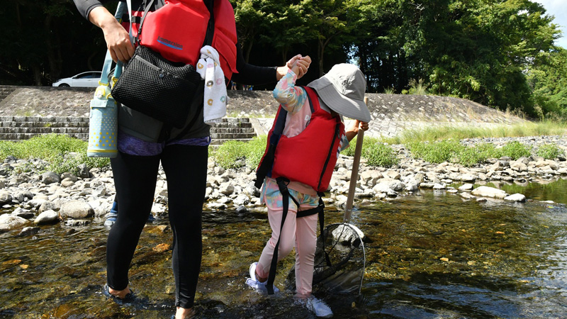 母親と手を繋いで川に入る子どもの画像