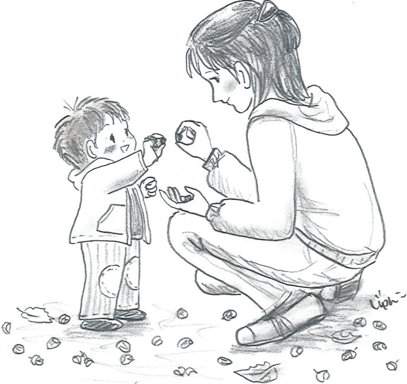 どんぐり拾いをする親子のイラスト画像