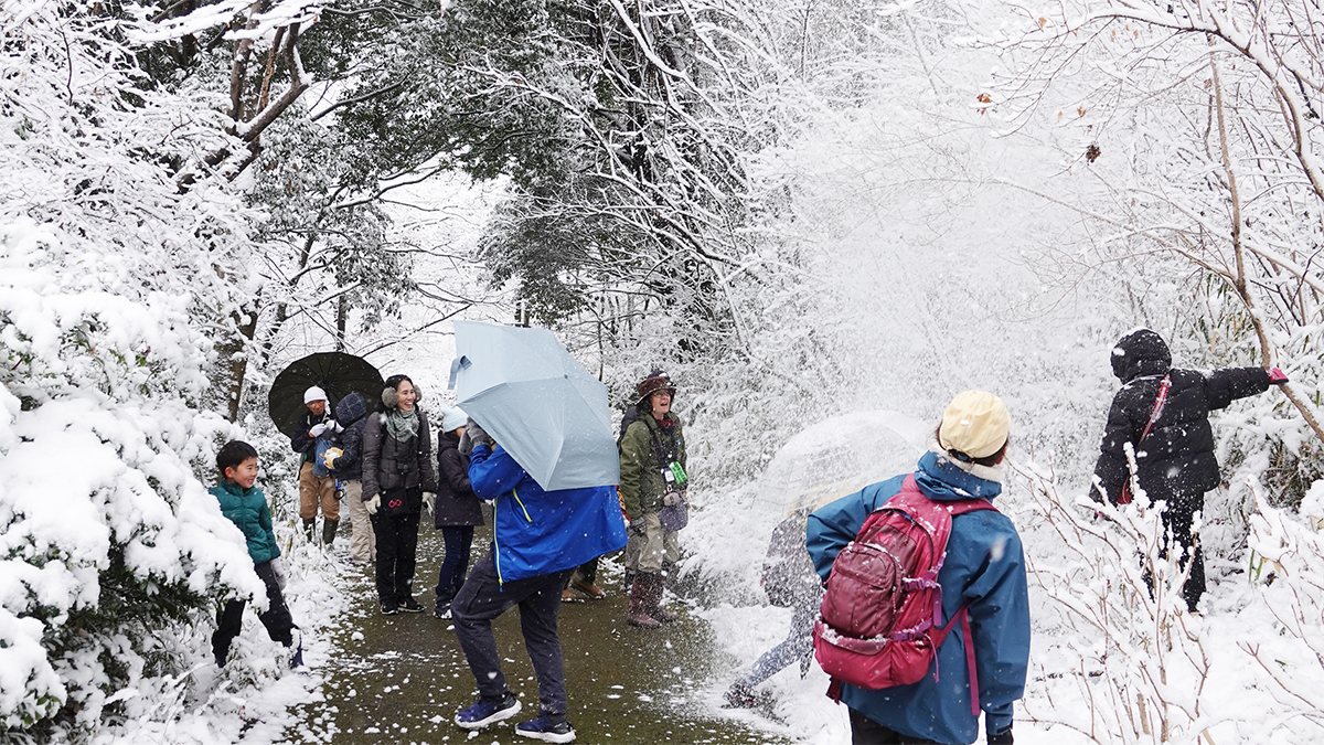 雪の中を散策する人々