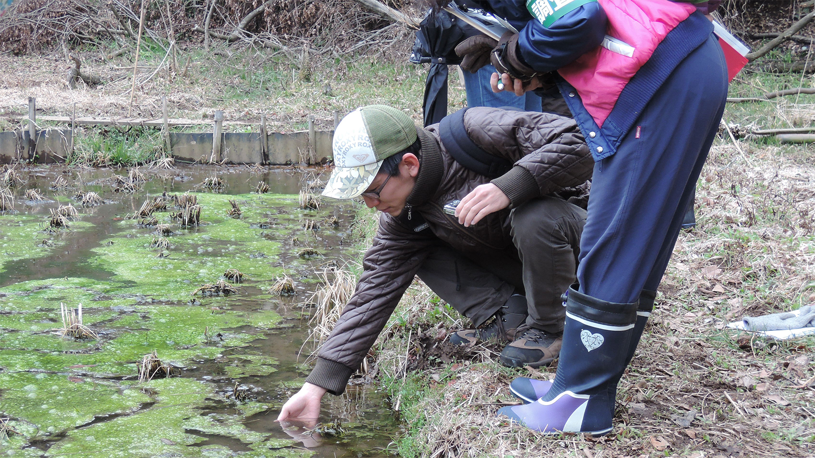 ため池で調査をする人の写真