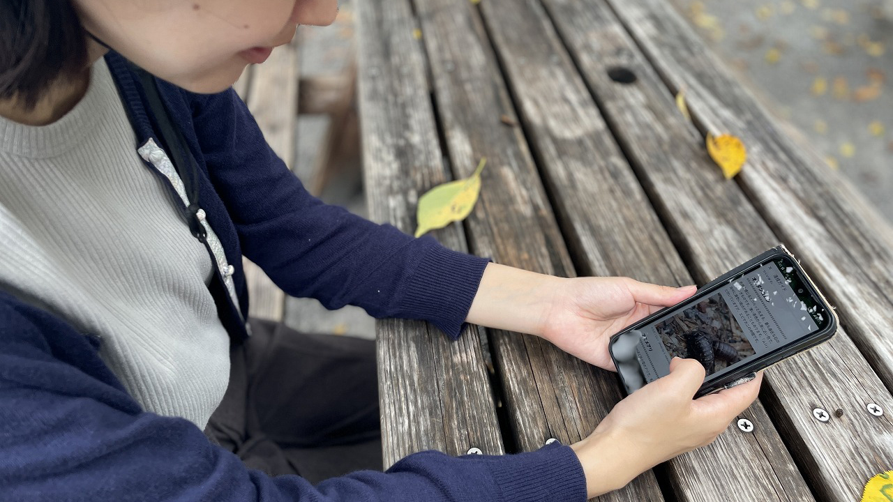 ベンチにスマートフォンをかざす人の写真